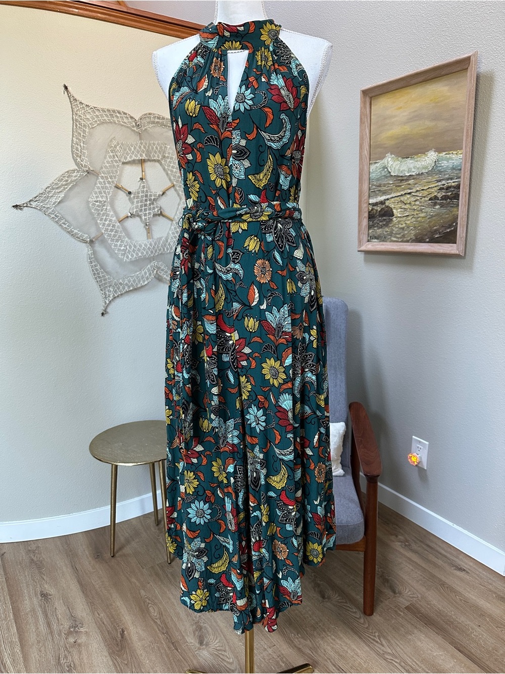 Anthropologie Geneva Halter Wide-Leg Jumpsuit, in a vibrant teal floral print